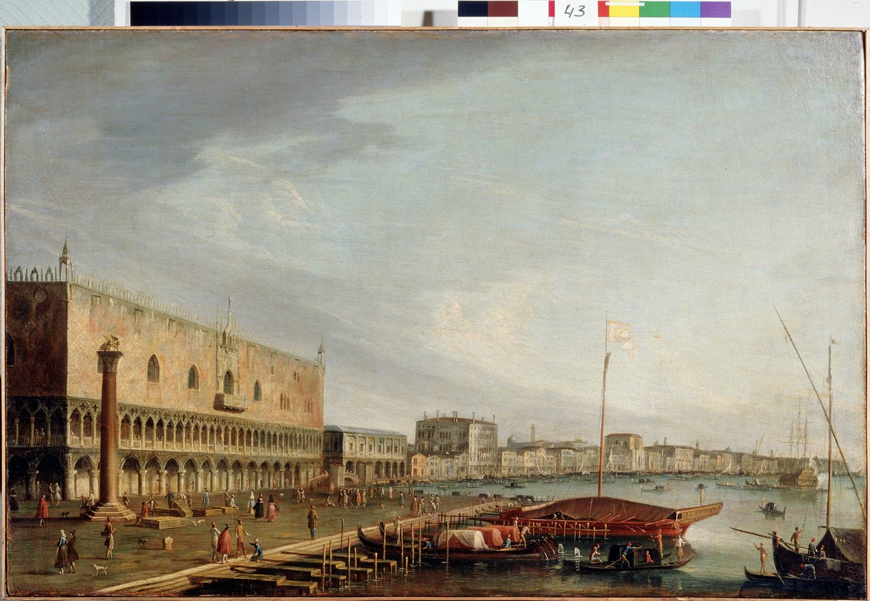 Udsigt over Markuspladsen (Piazzetta) med Dogepaladset i Venedig (Udsigt over Markuspladsen med Dogepaladset i Venedig). Maleri af Francesco Tironi (1745-1797). Olie på lærred, 73 x 111 cm. Venetiansk kunst fra det 18. århundrede. Statens Museum Arkhan af Francesco Tironi