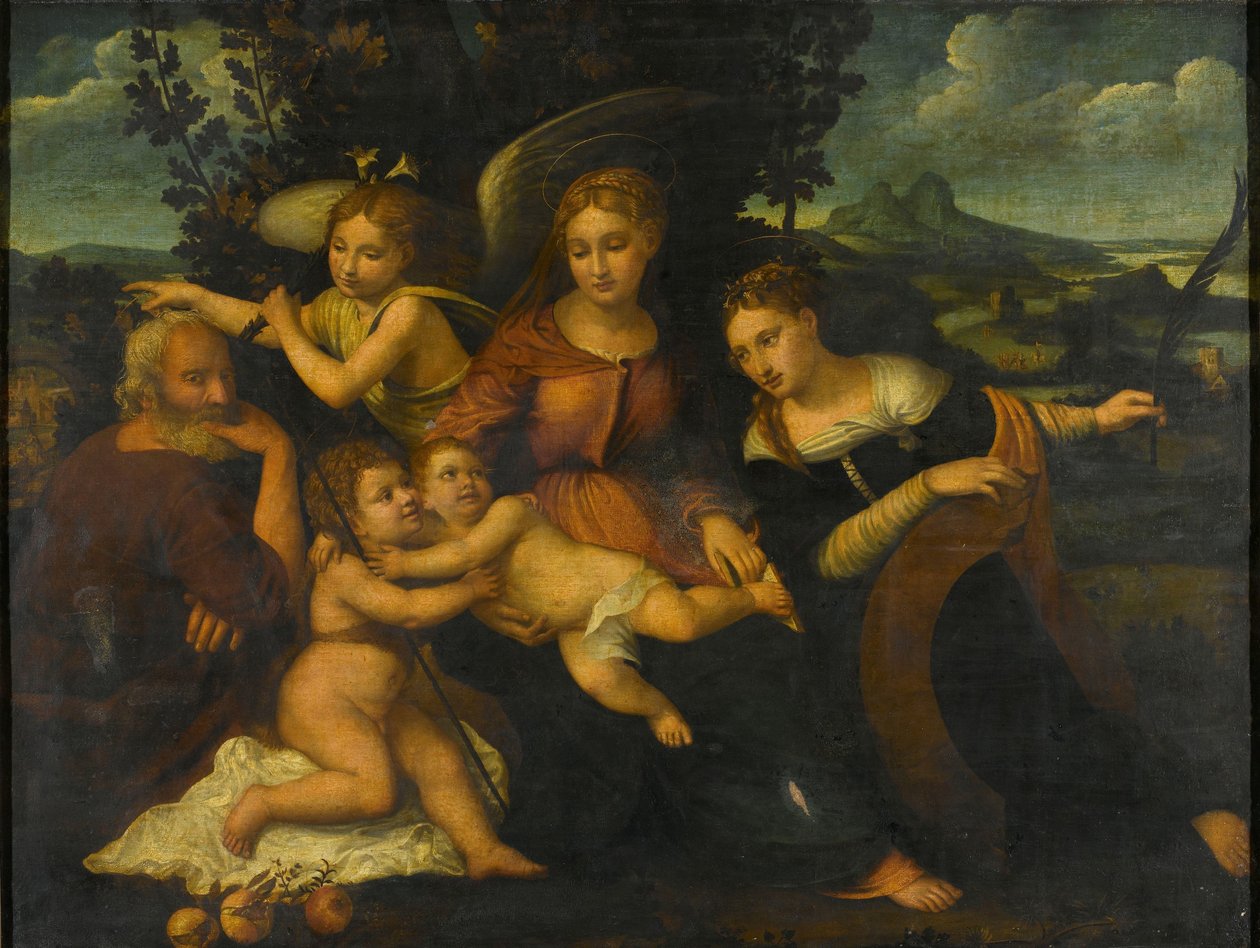 Hellig familie med Saint Catherine af Francesco Torbido (attributed to)