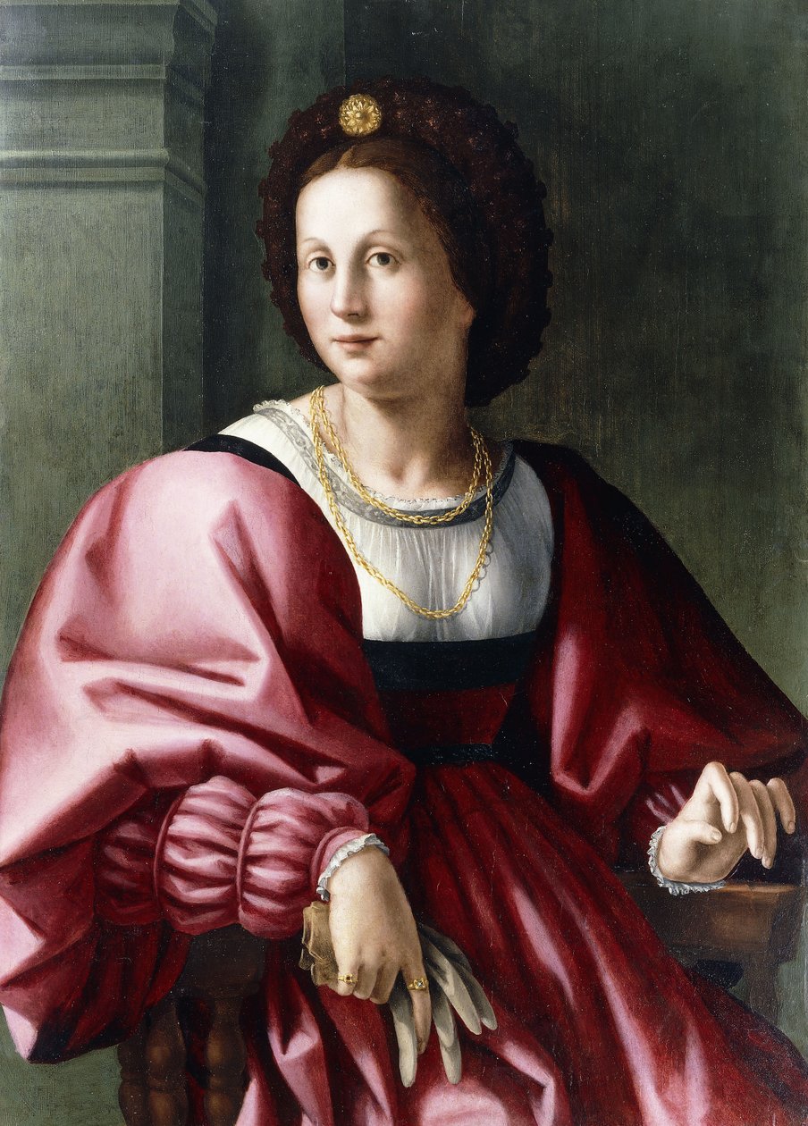Portræt af en dame, siddende i trekvart længde, holder en handske, af Francesco Ubertini Bacchiacca