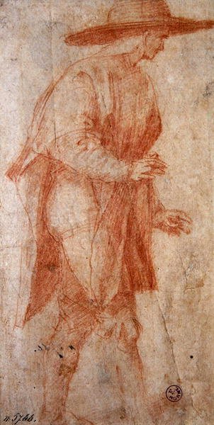 Bonde med hat (rødt kridt på papir) af Francesco Ubertini Il Bacchiacca