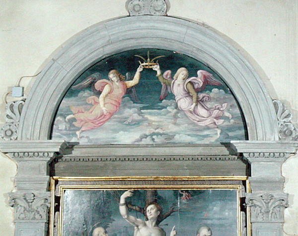 SS. Benedict, Dominic og Sebastian (detalje af lunetten) (olie på panel) (se også 192539 og 192540) af Francesco Ubertini Il Bacchiacca