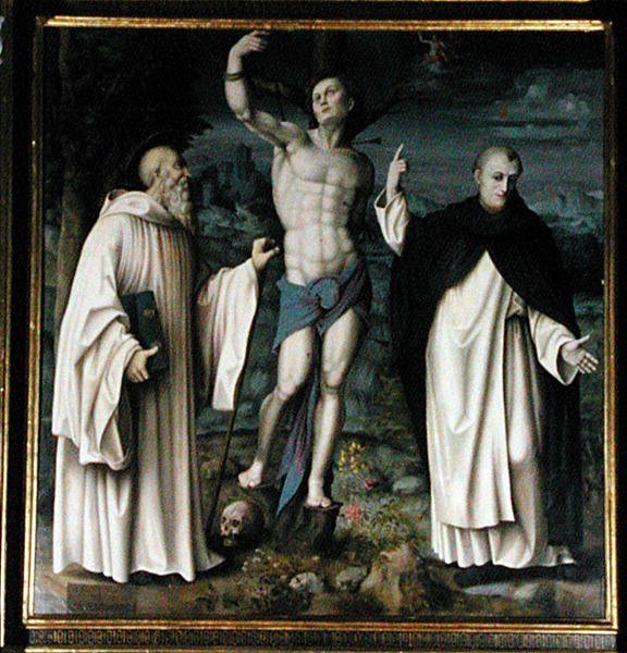 SS. Benedict, Dominic og Sebastian (olie på panel) (se også 192538 og 192540) af Francesco Ubertini Il Bacchiacca