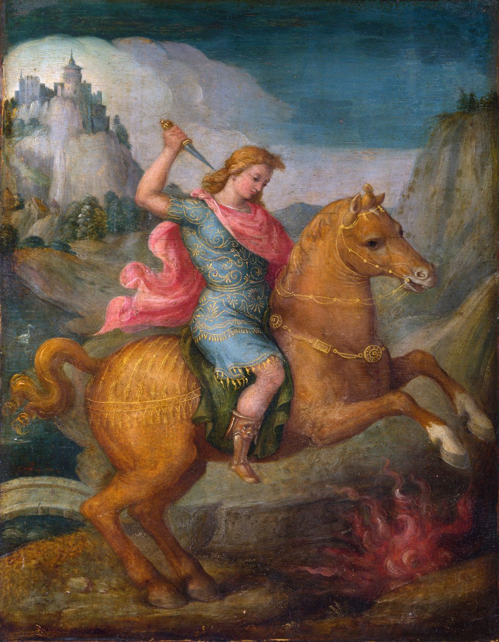 ""Marcus Curtius"" Den tapre Marcus Curtius, en romersk borger, ofrer sig selv til de romerske guder ved at kaste sig ud i en kløft i et forum i 362 f.Kr. - Maleri af Francesco Ubertini eller Francesco d