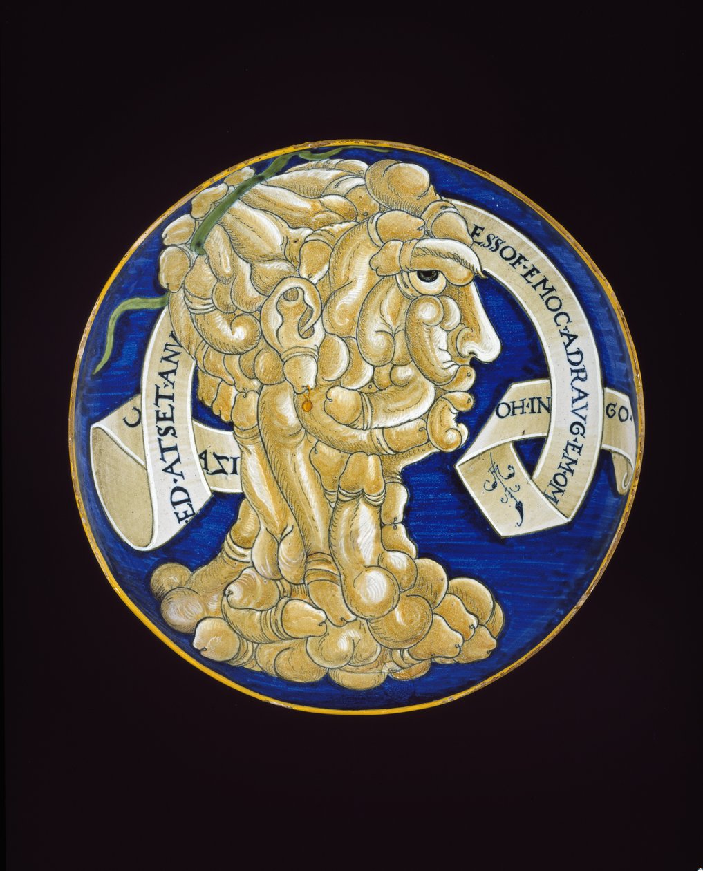 Fad med et sammensat hoved af penisser, ca. 1536 (tin-glaseret lertøj, maiolica) af Francesco Urbini
