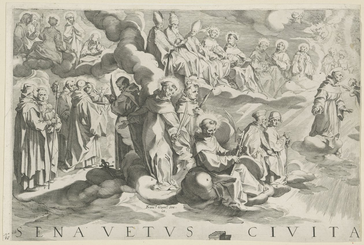 Kort over Siena (øverst til venstre) Senavetus civitas virginis (titel på objekt) af Francesco Vanni