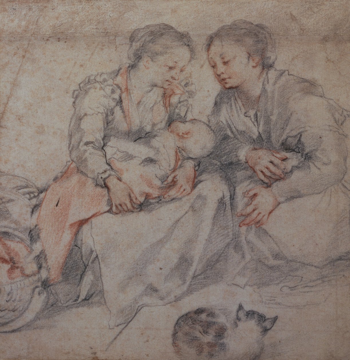 To kvinder og en baby med en kat (kridt) af Francesco Vanni