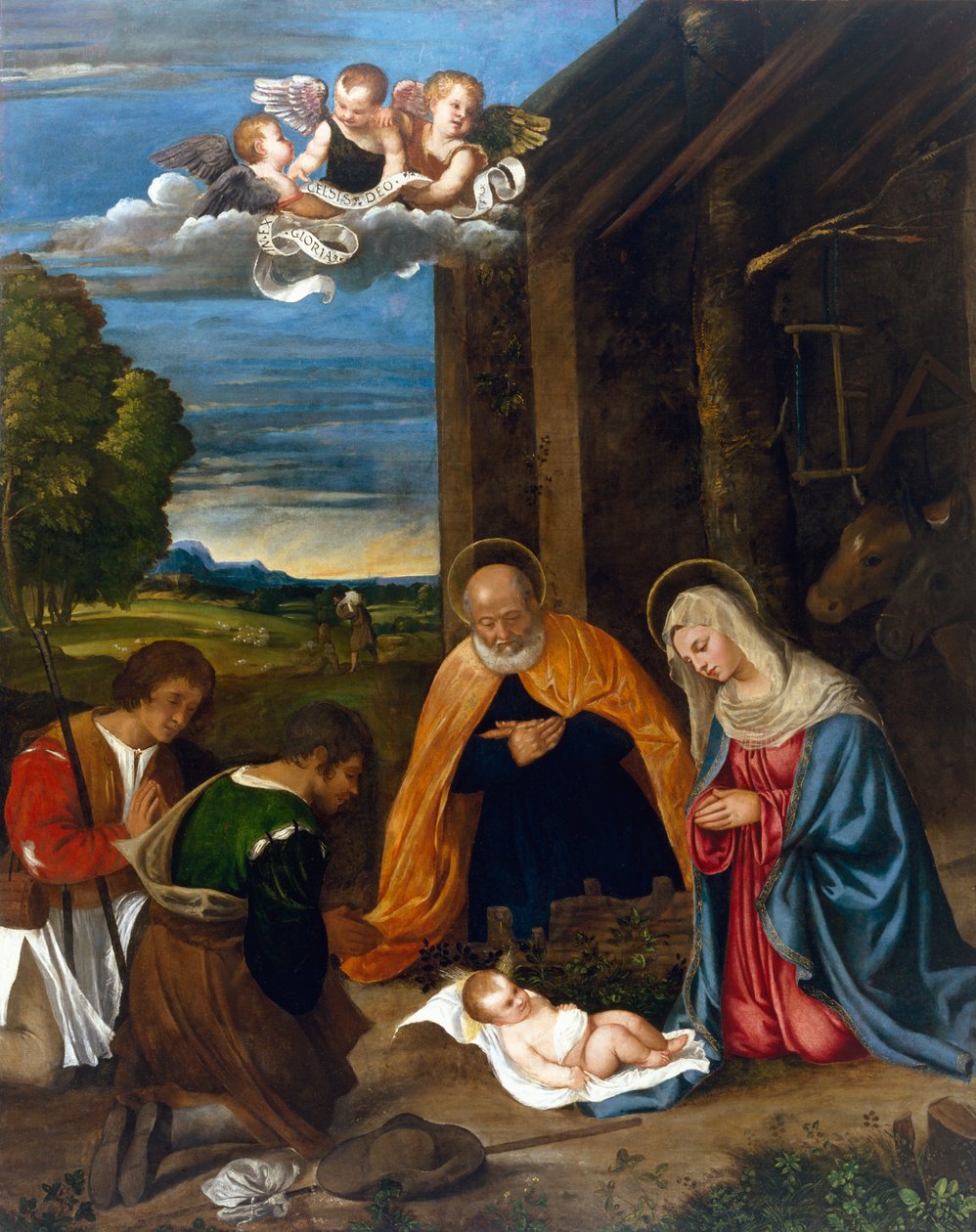 Fødselen med hyrder, c.1519-26 af Francesco Vecellio