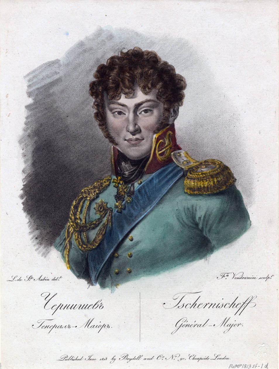 Portræt af grev Alexander Ivanovich Chernyshov (Prins Alexandre Ivanovitch Tchernychev ou Tchernychiov ou Czernichev) (1786-1857) - Vendramini, Francesco (1780-1856) - 1813 - Radering, akvarel - 224,2x18, af Francesco Vendramini