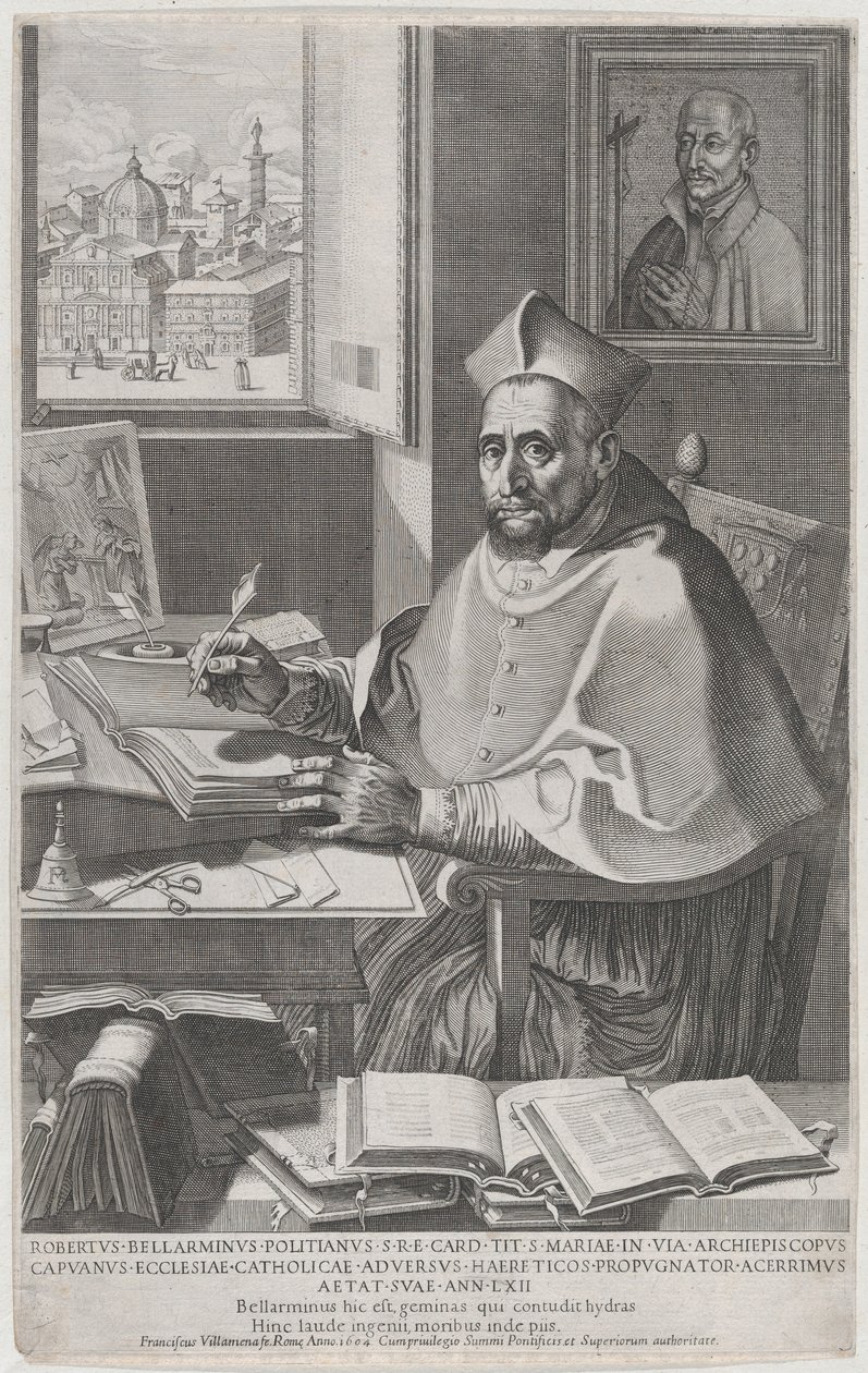 Kardinal Roberto Bellarmino ved sit skrivebord, skriver, 1604. af Francesco Villamena