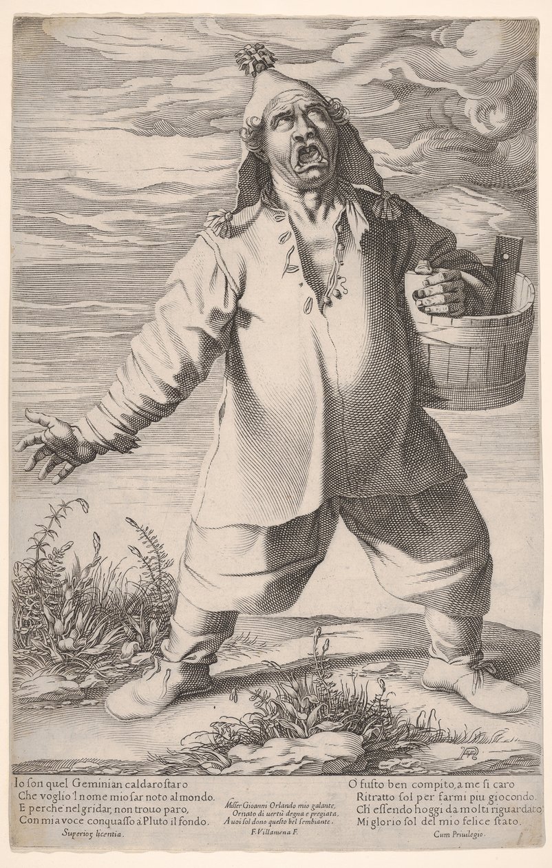 Geminiano Caldarostaro græder og holder en balje, med en kvasthat, ca. 1597-1601. af Francesco Villamena