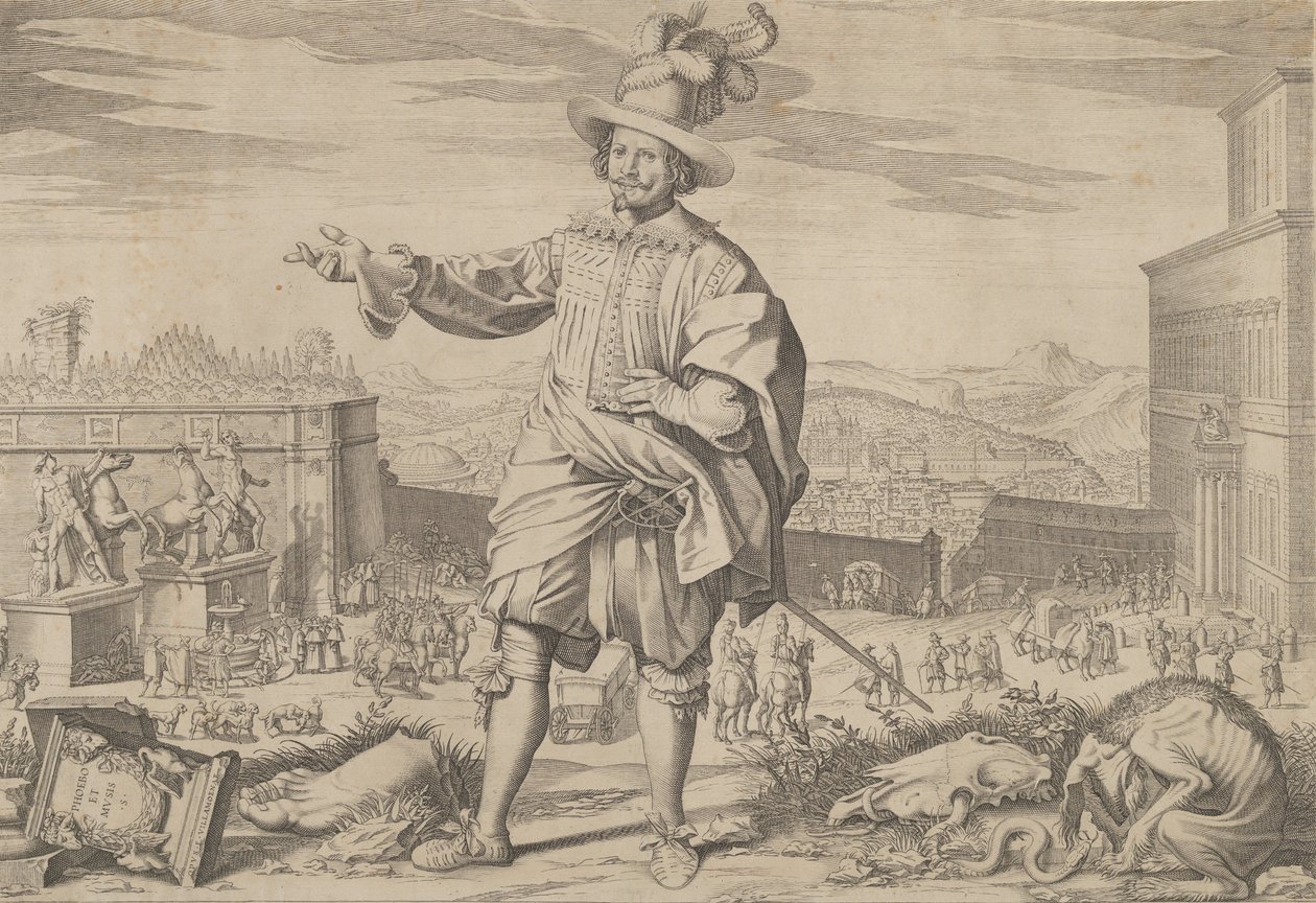 Portræt af Ioannes Altus Johann Alten, fra den schweiziske garde, stående ved Quirinalen og..., 1623. af Francesco Villamena