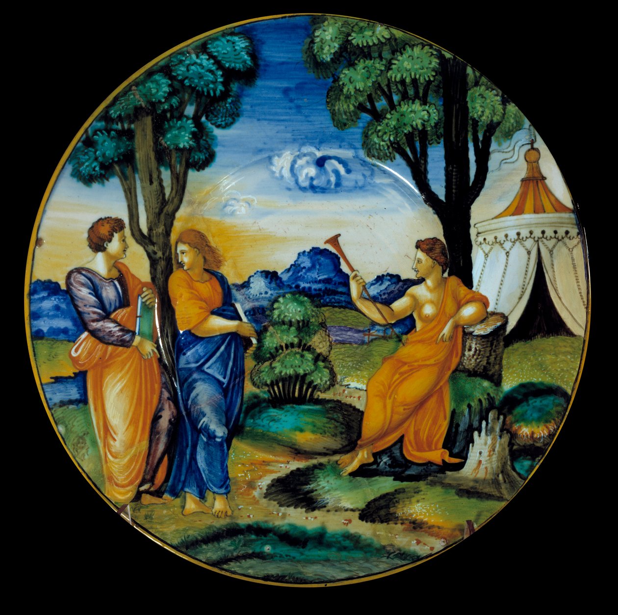 Fajancefad lavet af Francesco Xanto Aveli (aktiv omkring 1530/1540) repræsenterende Parnassus. Indse i Urbino. 1530. Paris, Louvre-museet af Francesco Xanto Avelli