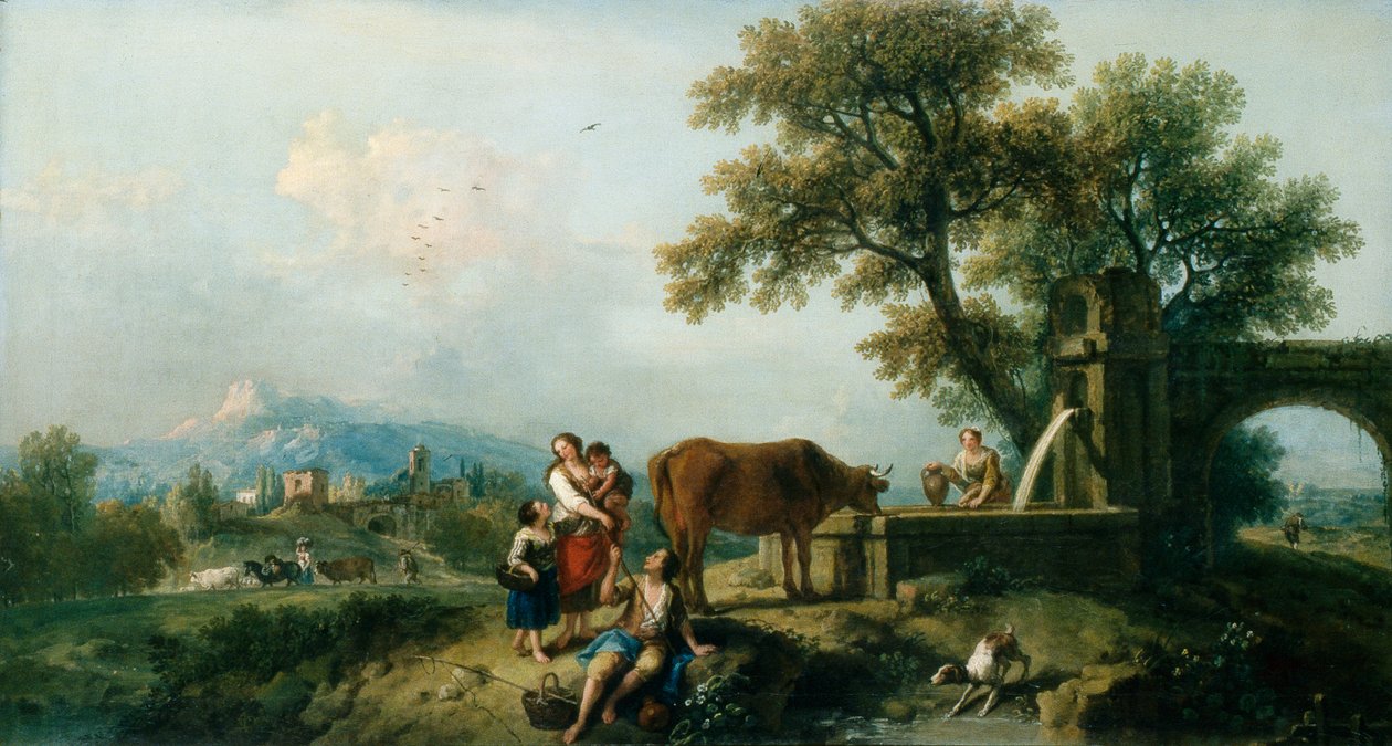 En pastoralscene med kvæghyrder, ca. 1750 (olie på lærred) af Francesco Zuccarelli