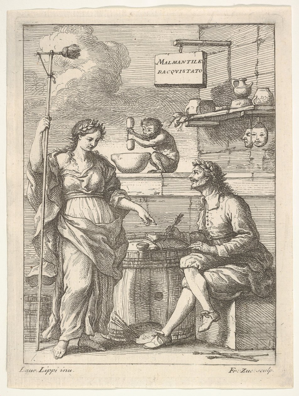 En abe, der arbejder med morter og støder, under Lorenzo Lippi skriver sin humoristiske ..., ca. 1710-64. af Francesco Zuccarelli