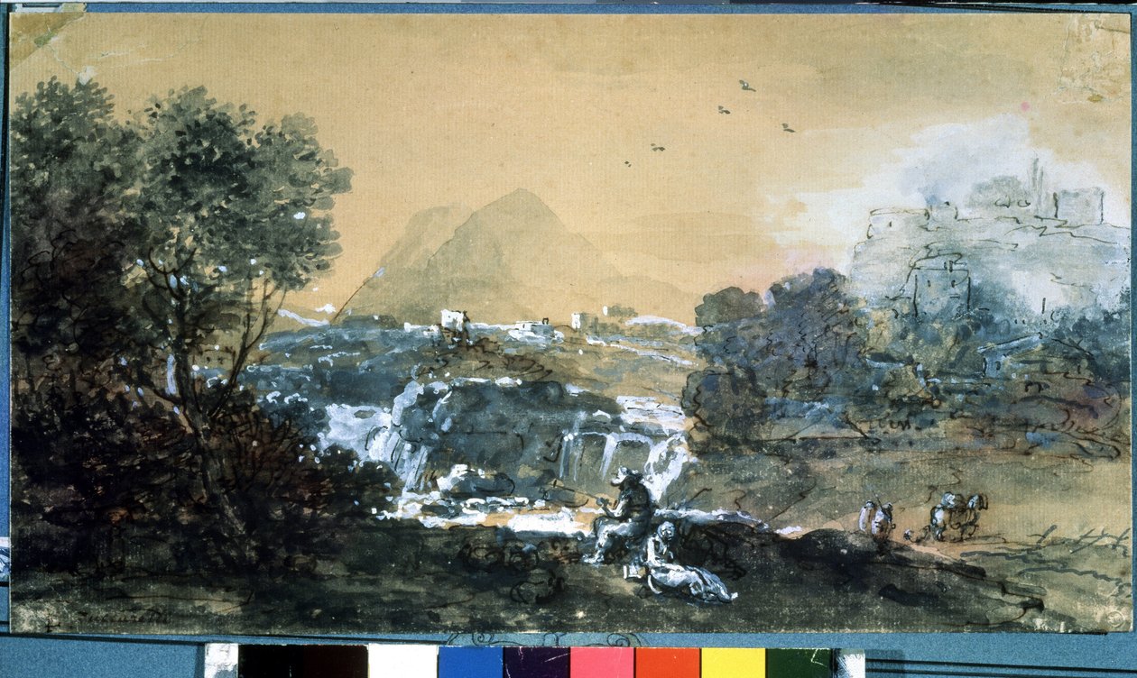 Landskab med et vandfald. Tegning af Francesco Zuccarelli (1702-1788). Akvarel og blæk på papir af Francesco Zuccarelli