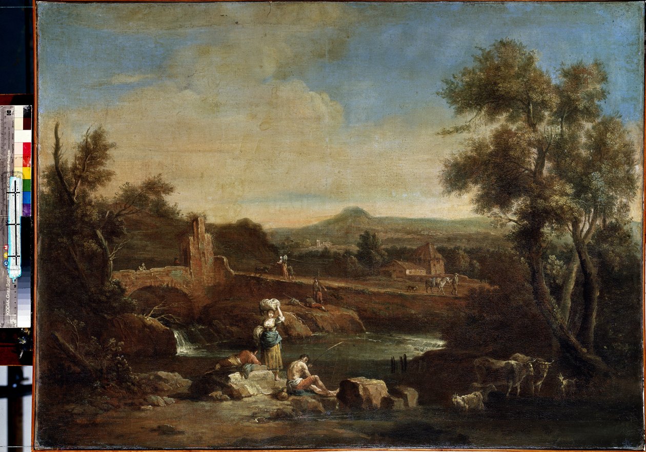 Landskab med en flod. Maleri af Francesco Zuccarelli (1702-1788). Olie på lærred, 81,5 x 119 cm. Venetiansk kunst fra det 18. århundrede. Eremitagemuseet, Sankt Petersborg. af Francesco Zuccarelli