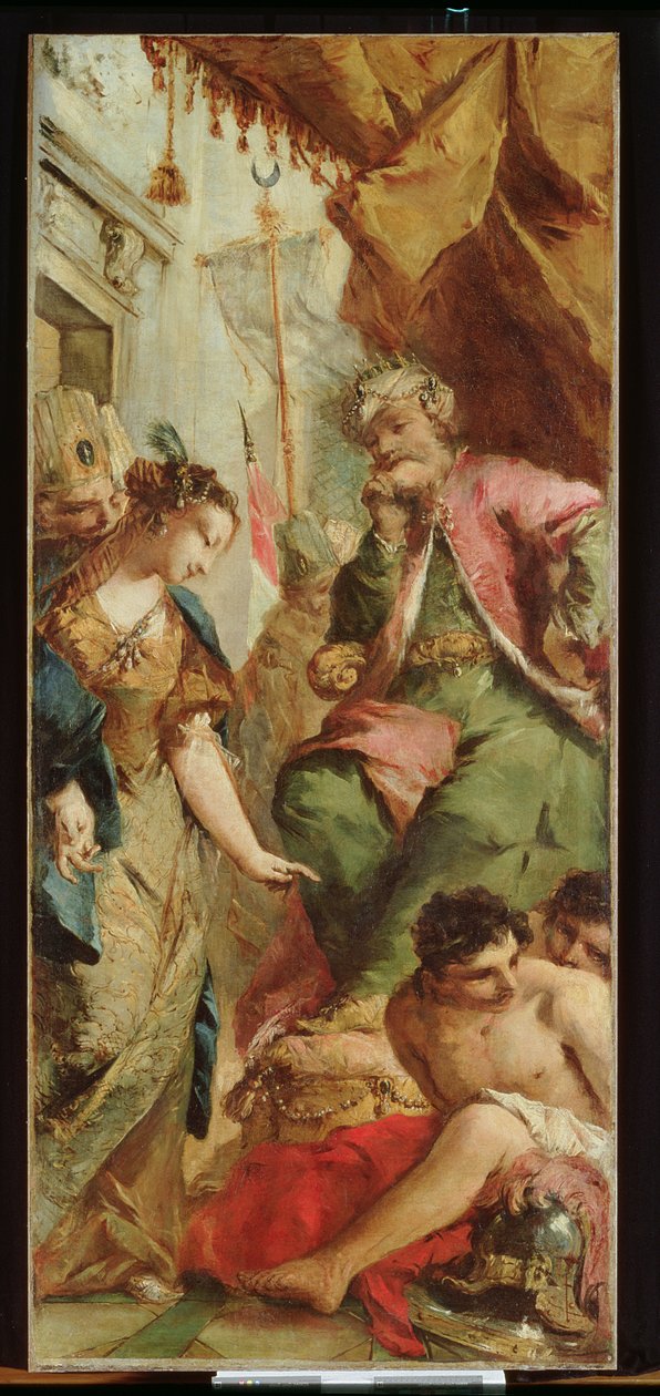 Sophronia beder den saracenske kong Aladine om at løslade de kristne fanger, ca. 1760 (olie på lærred) af Francesco and/or Gian Antonio (1699 1761) Guardi
