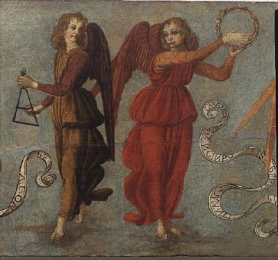 Engle, der spiller tamburin og triangel, ca. 1475-97 (tempera på panel) (detalje af 64871, se også 64872 og 64874) af Francesco attr. to Botticini