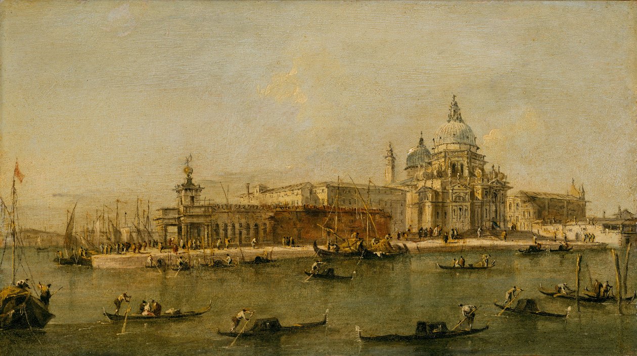 Venedig: Dogana og Santa Maria della Salute af Francesco circle of Guardi