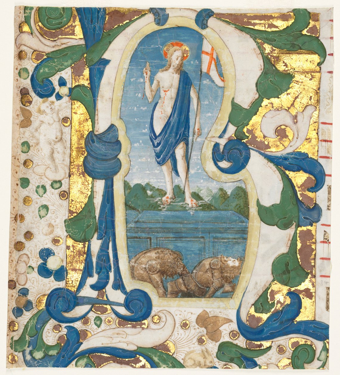 Historikeret initial (R) Udskåret fra et antifonarium: Opstandelsen af Francesco d