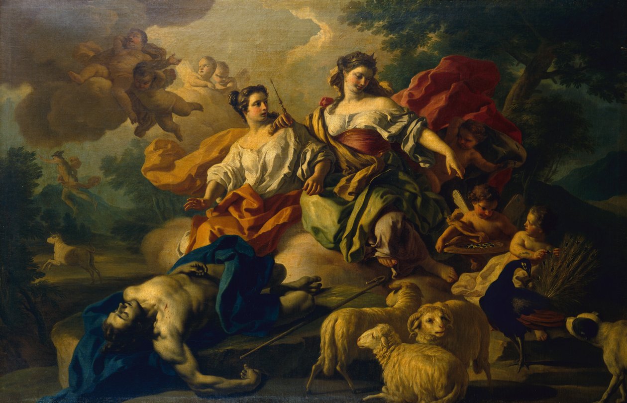 Juno placerer Argos øjne i en påfugls hale (olie på lærred) af Francesco de Mura