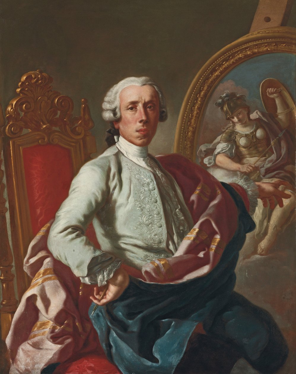 Portræt af kunstneren, trekvart-længde, siddende, med en blyant, ved et staffeli med et billede af Minerva af Francesco de Mura