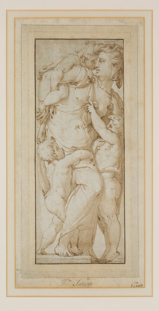 Studie af en kvinde og Putti (blæk og vask) af Francesco de Rossi (follower of) Salviati