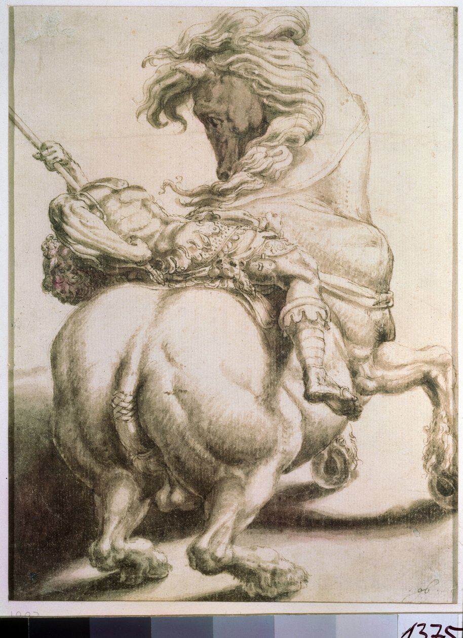 Rytter gennemboret af et spyd. Tegning af Francesco de Rossi (1510-1563). Grisaille på papir, 20 x 15 cm af Francesco de Rossi Salviati
