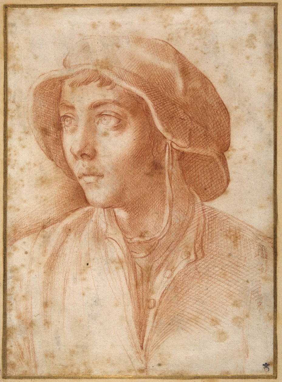 Busteportræt af en dreng iført kasket (rødt kridt på cremepapir) af Francesco de Rossi Salviati Cecchino