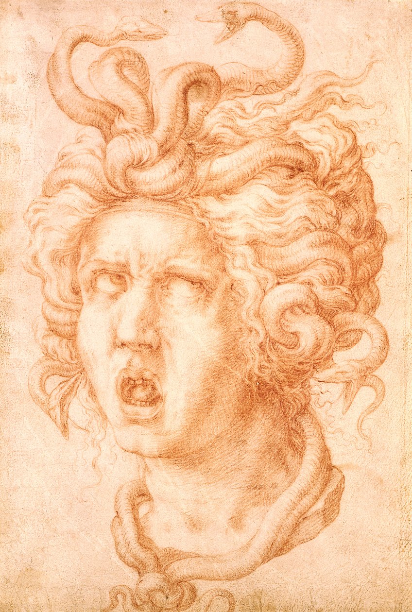 Medusa (rødt kridt på råhvidt lagt papir) af Francesco de Rossi Salviati Cecchino