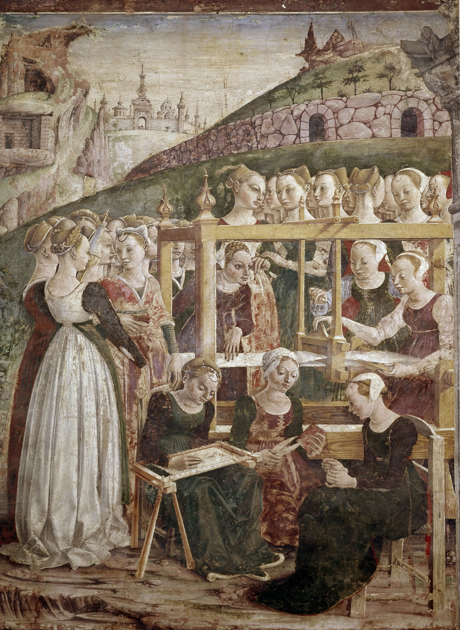 Allegori af march, detalje af triumf Minerva med kvinder vævning) detalje - fresko af Francesco del Cossa (ca. 1436-vers 1478) Ferrara (Ferrara) Palazzo Schifanoia, Salone dei Mesi af Francesco del Cossa