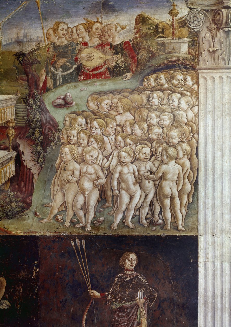 Allegori om maj måned, detalje om Apollons triumf, nøgne børn og ni muser detaljeret fresko af Francesco del Cossa (ca. 1436-omkring 1478) Ferrara (Ferrara) Palazzo Schifanoia, Salone dei Mesi af Francesco del Cossa