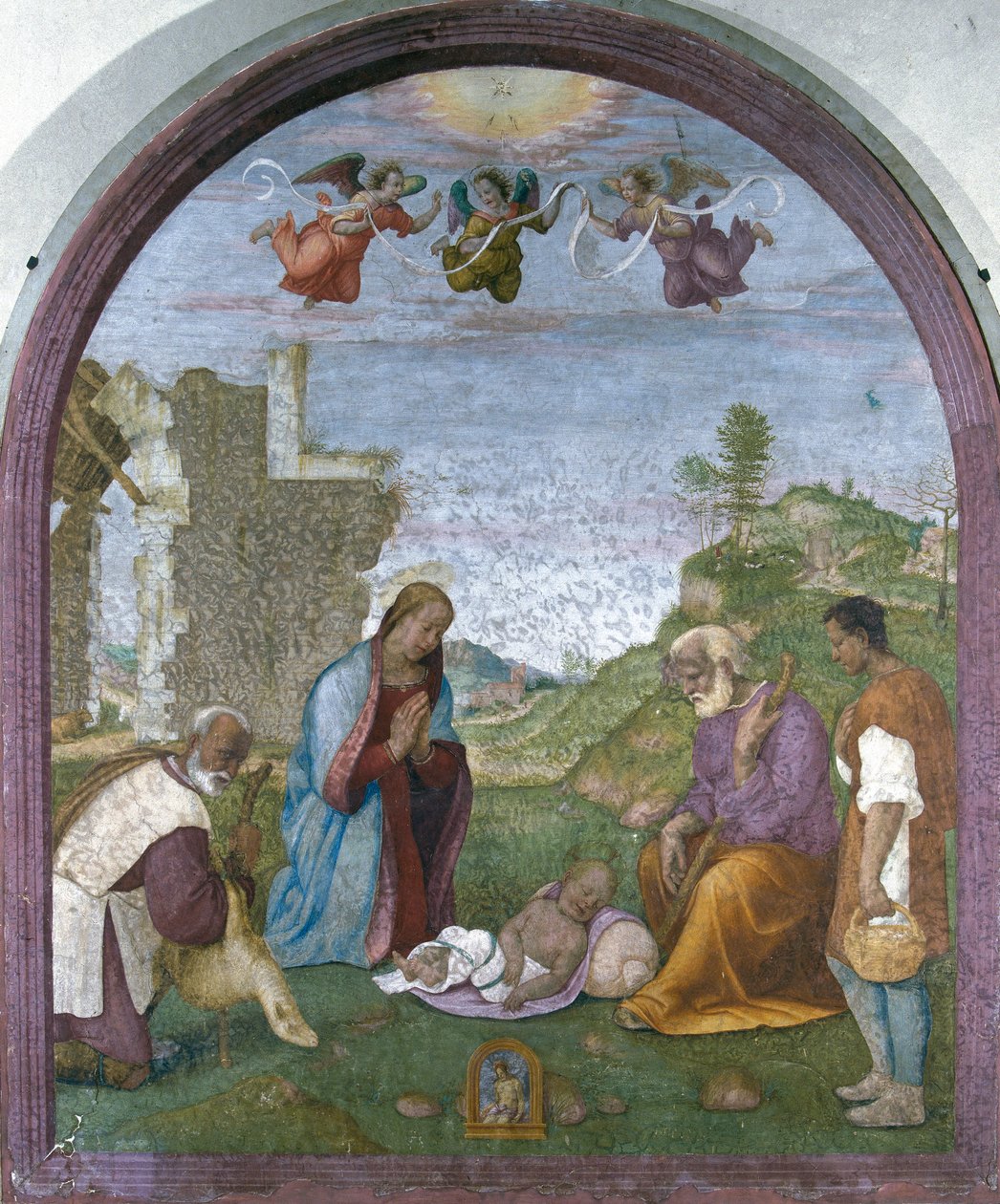 Tilbedelse af hyrderne (fresko) af Francesco di Cristofano Franciabigio