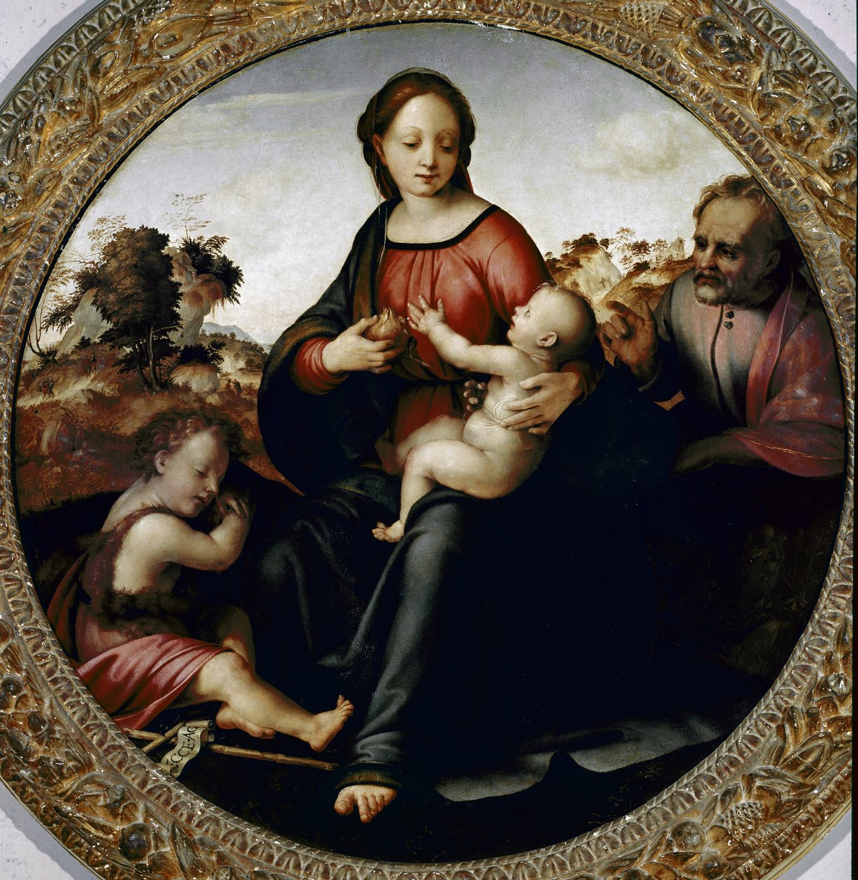 Hellig familie med den lille Johannes Døber (Hellig familie med den lille Johannes Døber) Maleri af Francesco di Cristofano dit il Franciabigio (1482 Ð1525) ca. 1516 Dim 97 cm Florence Galleria del 
