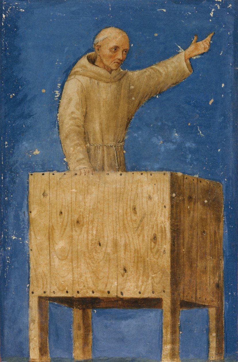 Sankt Bernardino prædiker fra en prædikestol, ca. 1470-75. af Francesco di Giorgio Martini