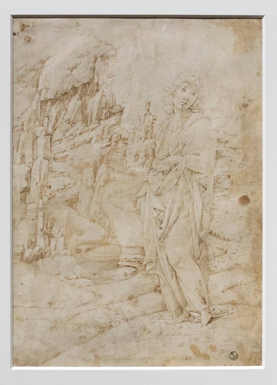 Ung mand i klippelandskab, ca. 1475-80 (pen og sort og brunt blæk, med spor af metalspids på pergament) af Francesco di Giorgio Martini