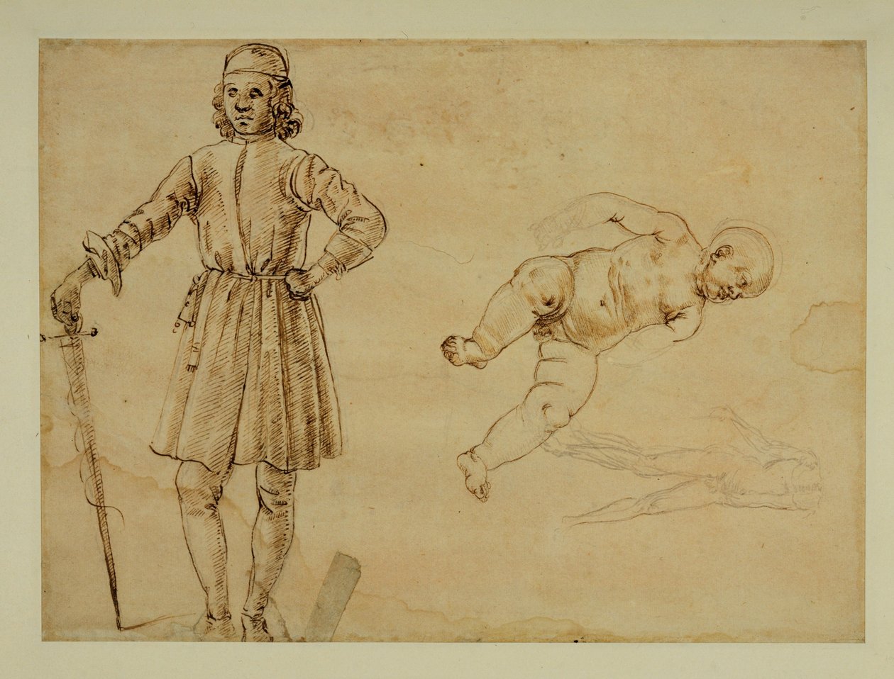 Et barn sidder; en stående mand holder et sværd ... af Francesco di Simone (attr. to)