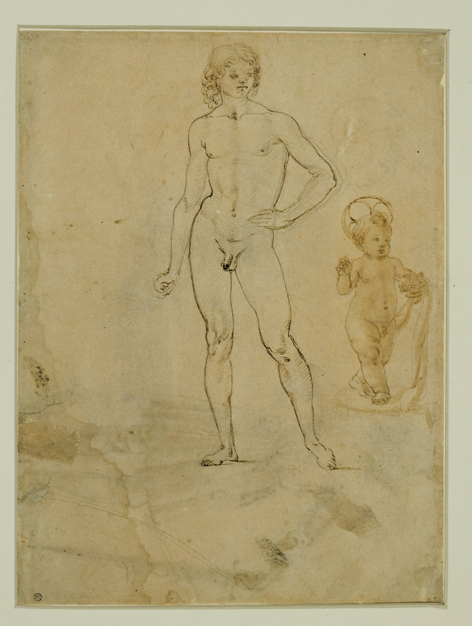 En nøgen ung mand, stående; Jesusbarnet; kvindeportræt vendt mod højre ... af Francesco di Simone (attr. to)
