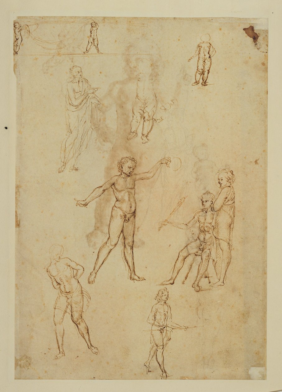 Studier af figurer. Pen og brunt blæk, metalspids Pinkfarvet papir ... af Francesco di Simone (attr. to)