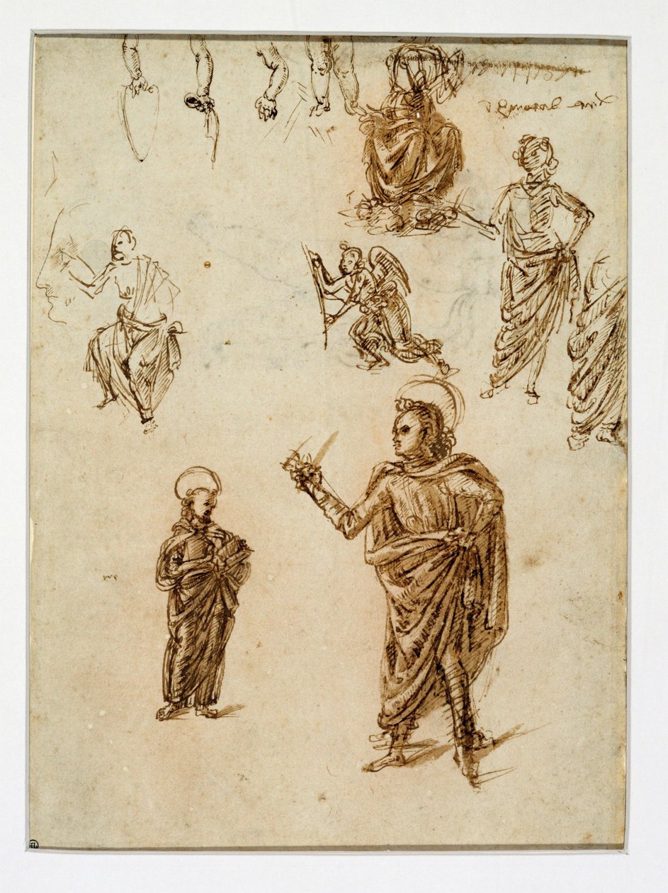 Skitser af figurer;helgener;en engel;en arm;ben ... af Francesco di Simone (attr. to)