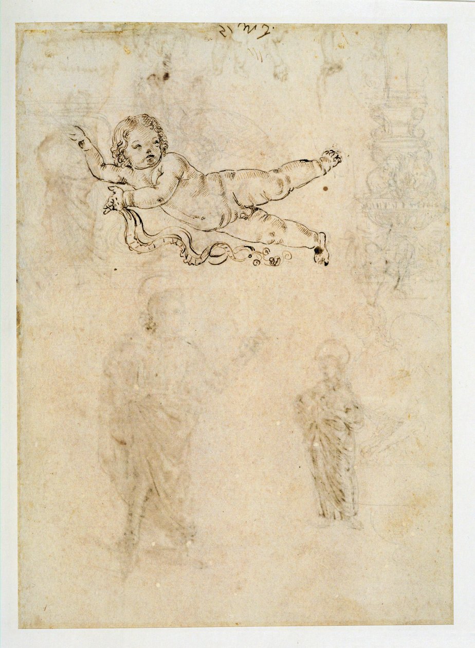 Studie af et barn; et skulpturelt ornament; en harpe ... af Francesco di Simone (attr. to)