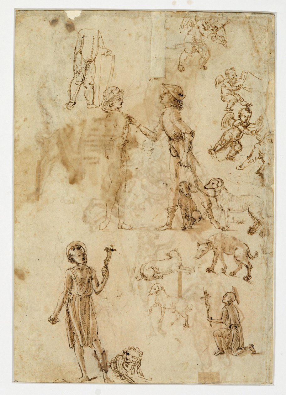 To mænd i samtale, den ene holder hunde i snor ... af Francesco di Simone (attr. to)