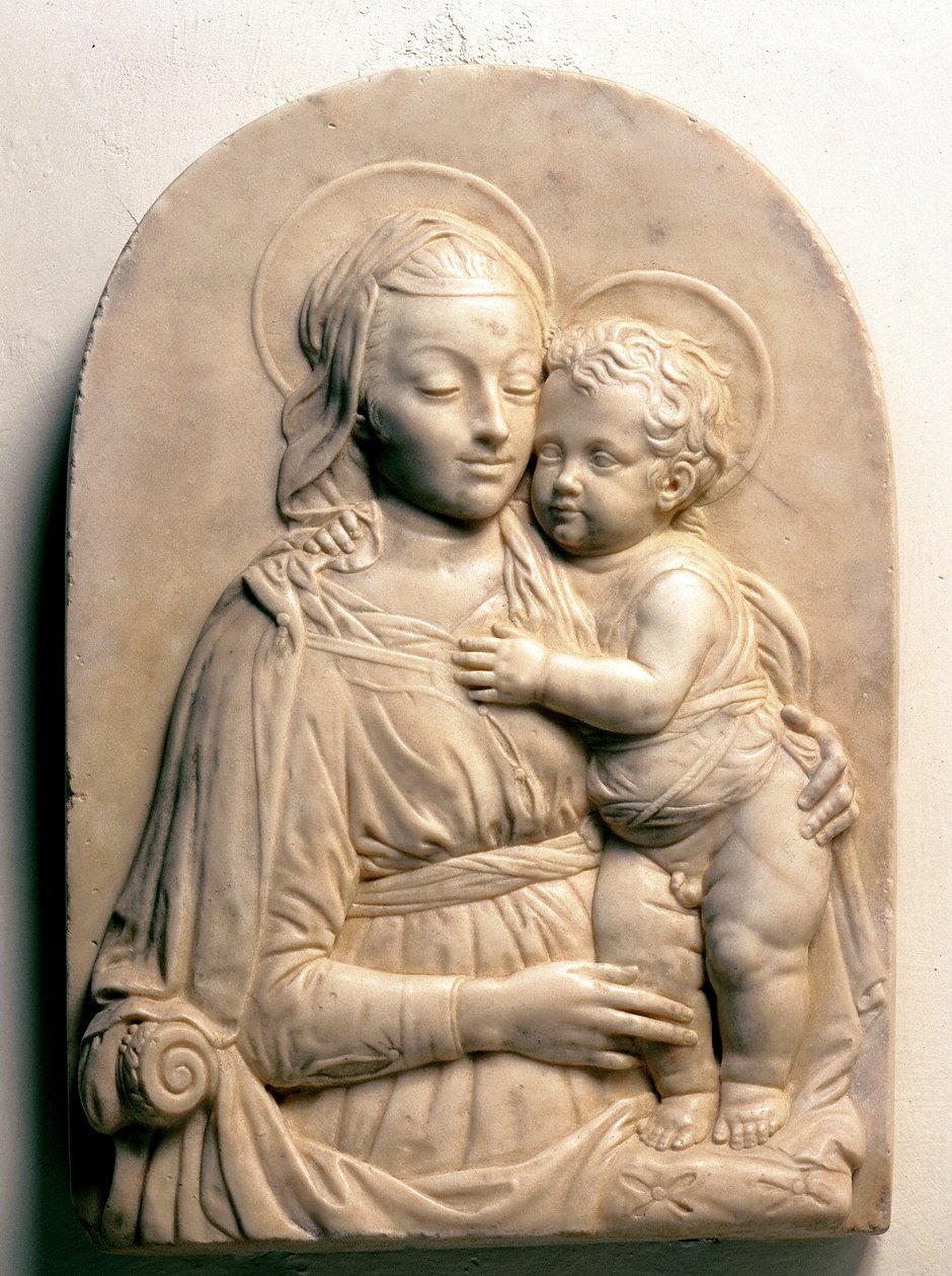 Jomfruen med barnet. Marmor lavrelief af Francesco di Simone da Fiesole Ferrucci
