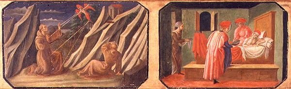 (LtoR) St. Frans af Assisi modtager stigmata, SS. Cosmas og Damian helbreder en syg mand; kopier af originale paneler, der udgør en del af Predella til Madonnaen og barnet på tronen af Filippo Lipp af Francesco di Stefano Pesellino