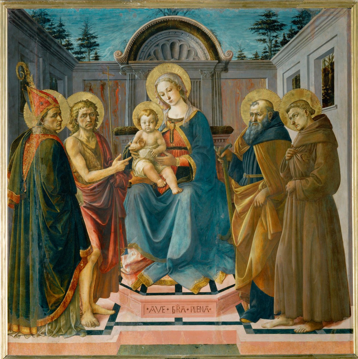 Jomfruen og barnet mellem Sankt Zenobia, Sankt Johannes Døberen, Sankt Antonius Abbe og Sankt Frans ... af Francesco di Stefano Pesellino