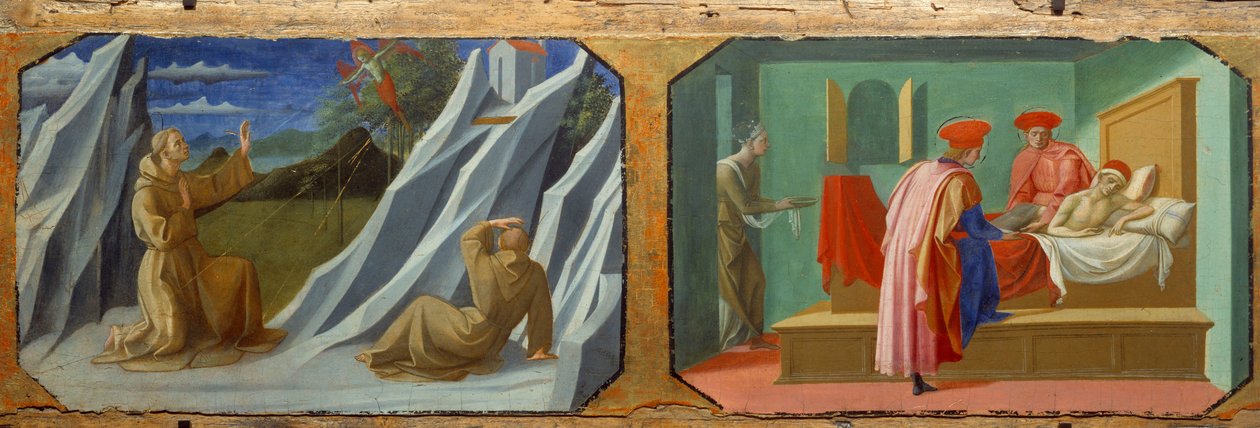 Sankt Francois af Assisi modtager stigmas, Sankt Cosimo (Kom eller Cosimo) og Sankt Damien tager sig af en syg Malerier på træ af Francesco di Stefano dit Pesellino (ca. 1422-1457) 15. århundrede søn. 0,32x0,94 m af Francesco di Stefano Pesellino