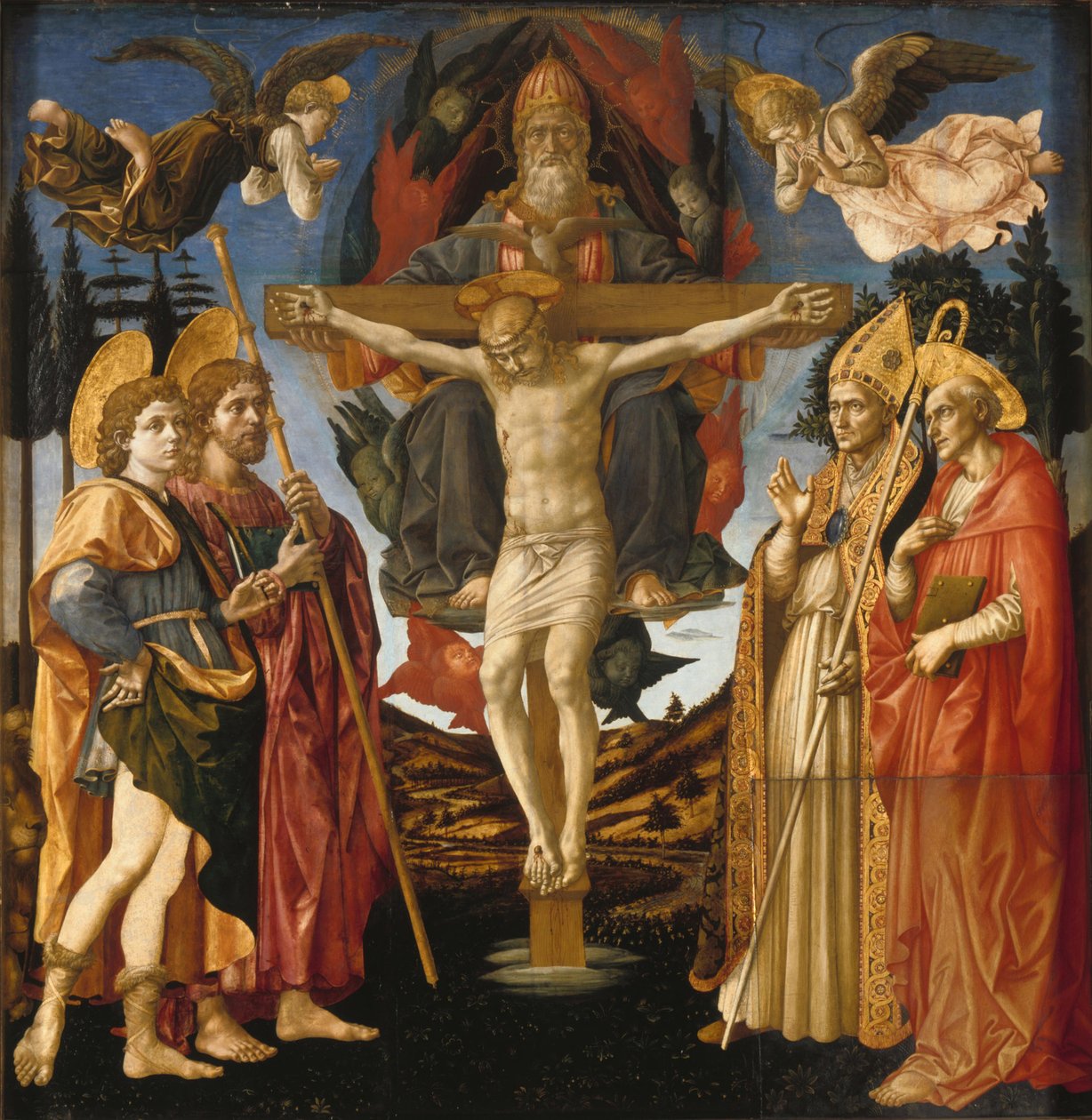 Den hellige treenighedspanel på Pistoia Santa Trinità-altertavlen, 1455-1460 af Francesco di Stefano Pesellino