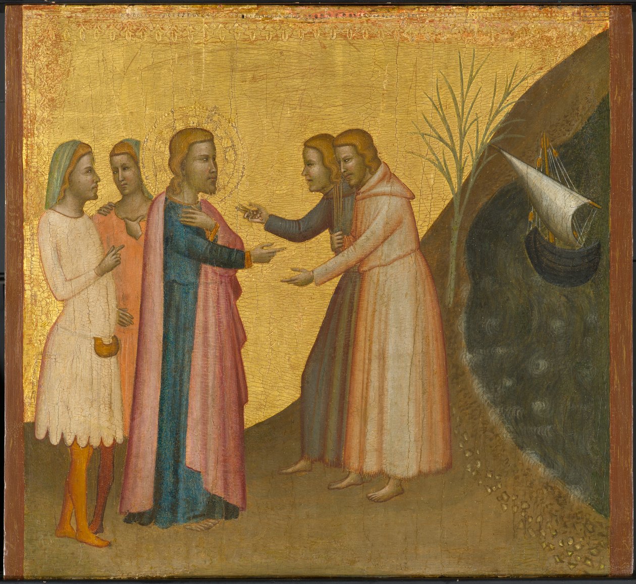 Acteus og Eugenius bønfalder den hellige Johannes Evangelisten om at genoprette deres rigdom, ca. 1370-1380 (tempera og bladguld på panel) af Francescuccio Ghissi