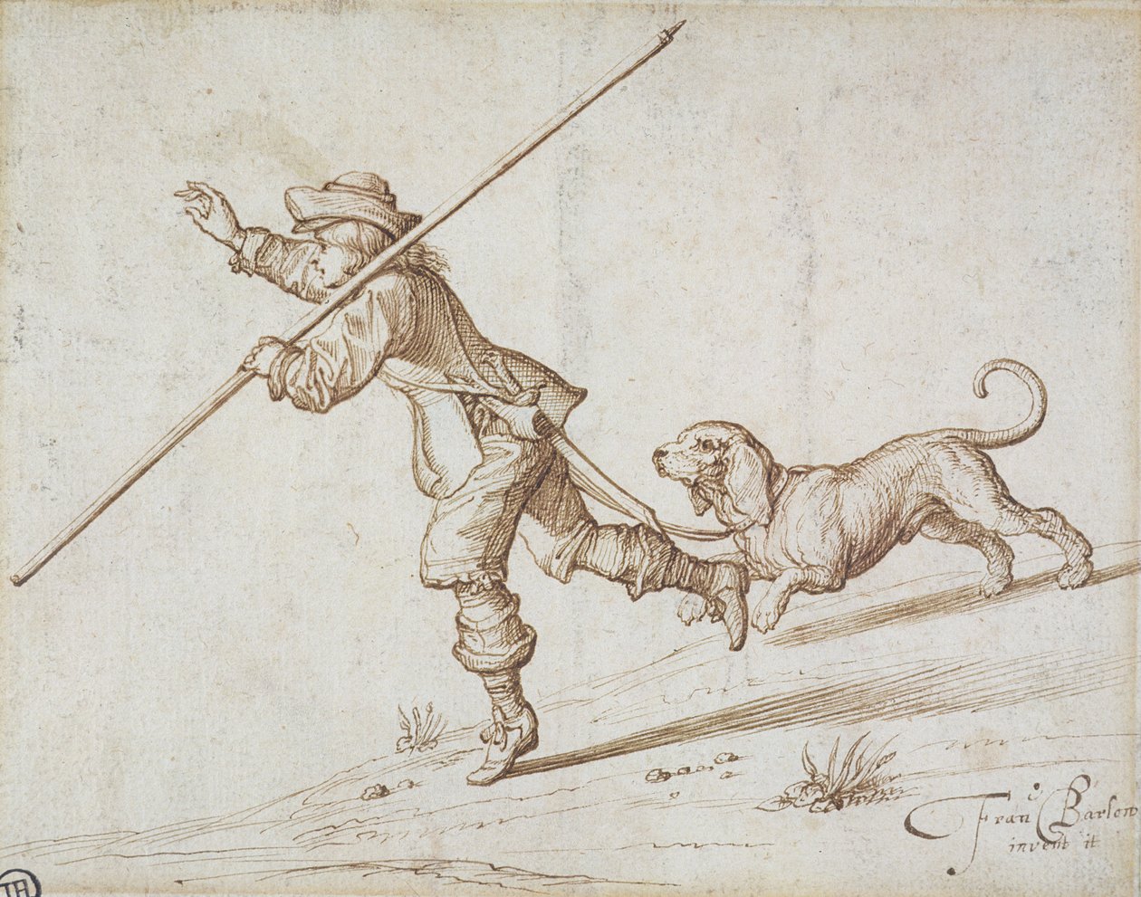Mand på jagt med en spids stav og en hund (pen og brunt blæk på papir) af Francis Barlow