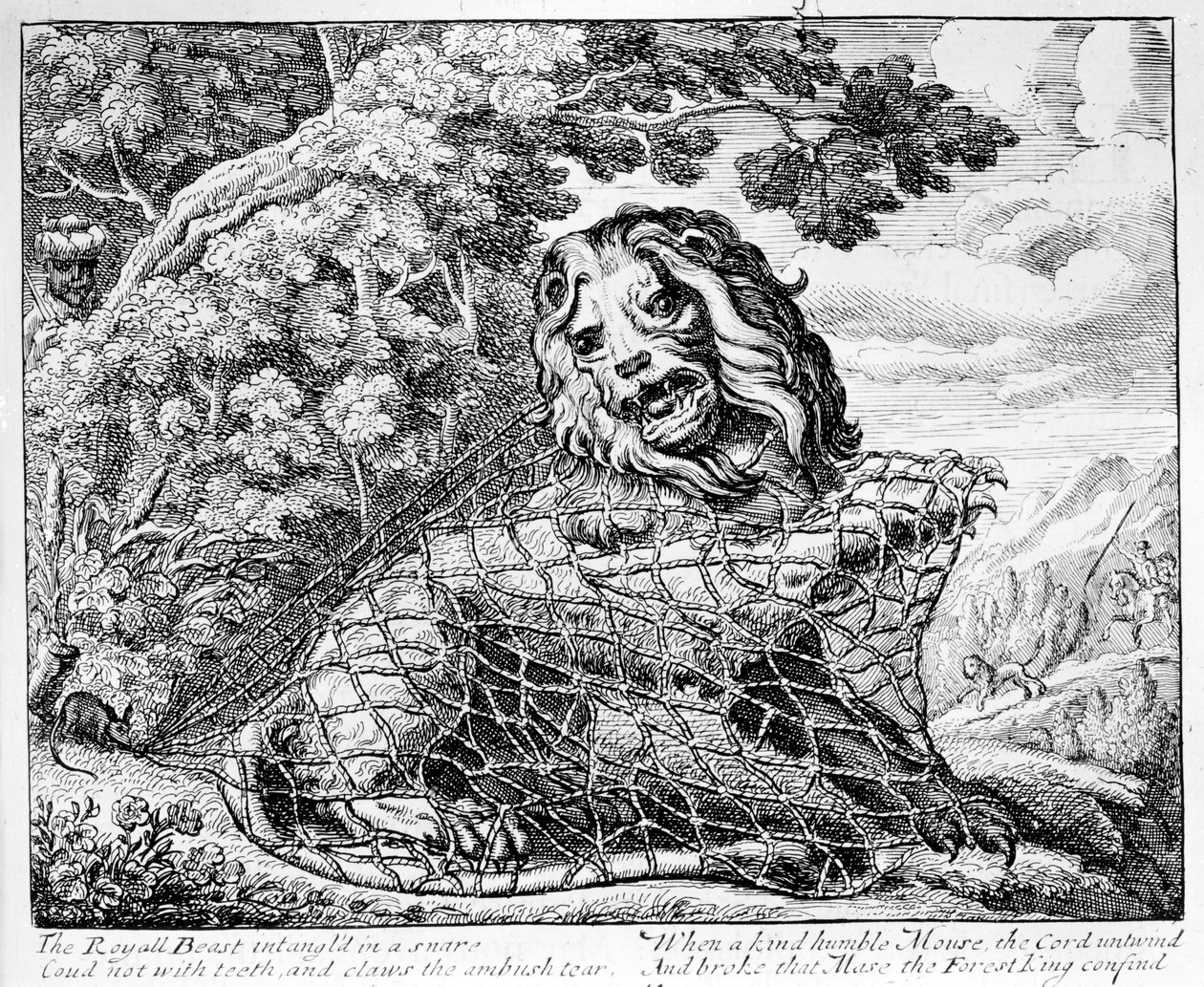 Løven og musen, illustration til "Æsops fabler", 1687 af Francis Barlow